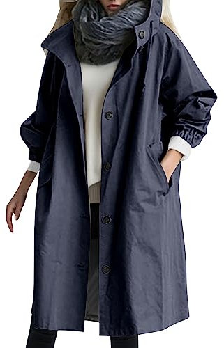 Trench-coat pour femme - Coupe ajustée - Coupe ajustée - Veste longue avec bouton de ceinture - Style décontracté - Long trench coupe-vent - Manteau long cascade italien avec poches, 01 Bleu marine, L