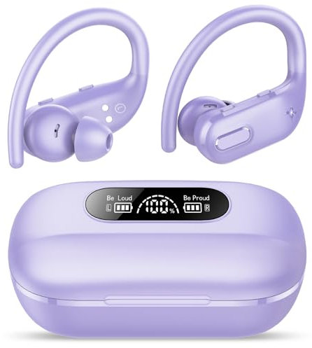 Auriculares Inalámbricos Deportivos, Auriculares Bluetooth 5.3 Estéreo con 4 ENC Cancelacion Ruido Micró LED Pantalla, 80H Auriculares Deporte, Cascos Inalambricos IPX7 Impermeable USB-C, Morado Claro