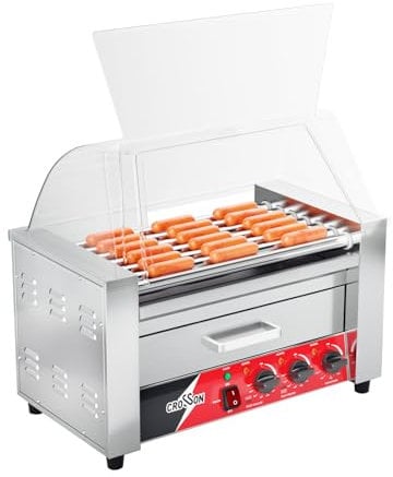CROSSON Hot Dog 7 Rollers with Bun Warmer and Clear Sneeze Guard, 304 Nonstick Cooking Machine for Commercial Grill