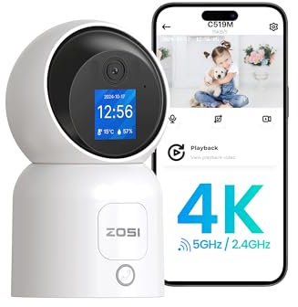 ZOSI 4K 8MP Cámara Vigilancia WiFi Interior con Enchufe para Bebé/Mascota, 2,4G/5G WiFi y Pantalla de 1,44”, Pan 360° Tilt 90°, Seguimiento de Persona, Videollamada con un Clic o Gesto Ok