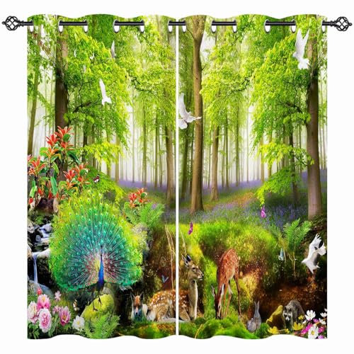 ANHOPE Natur Wald Tier Pfau Hirsch Vorhänge mit Ösen Blickdichte Gardinen Thermo Vorhang Blackout Curtain Schlafzimmer Wohnzimmer Weich Verdunklungsvorhänge 2er Set H 175 x B 140 cm