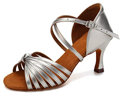 YCALCP Latein Tanzschuhe Damen Silber Salsa Tango Walzer Ballsaal Professionelle Tanzschuhe 7,5 cm Absatz, 38 EU