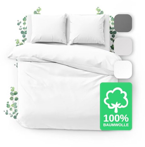 JACOBSON Bettwäsche 200x220 Set - 100% Baumwolle Bettbezug 200x220 cm + 2 Kissenbezüge 80x80 cm, Perkal Bettwäsche 3-teilig mit Reißverschluss (200x220cm, Weiß, 3-teilig)