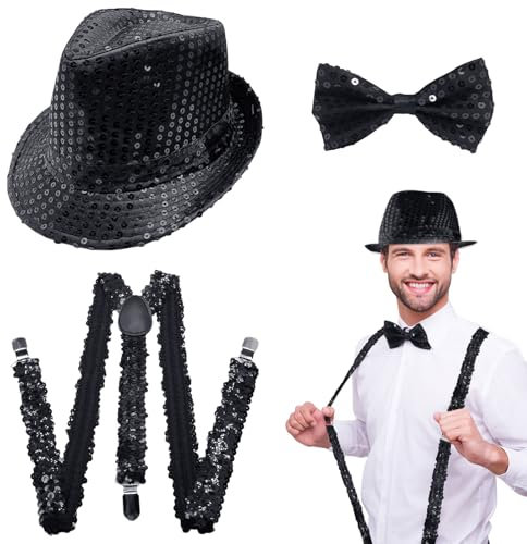 EUPSIIU 3 Stück Pailletten Kostüm Jazz Hip-Hop Dance JGA Kostüm Zubehör Schwarz Jazz Hut Hosenträger Pailletten Fliege Erwachsene Kinder Jazz Performance Mardi Gras Cosplay Abschlussball