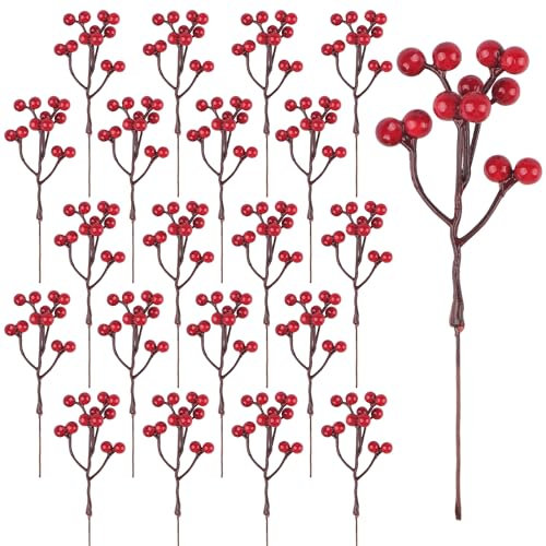 YiYa 24 Pièces Décoration De Baies Rouges Baies De Houx De Noël Baies Rouges Artificielles pour la Décorations d'Arbres de Noel Couronne de Noël Bricolage Artisanat Décoration D'Hive
