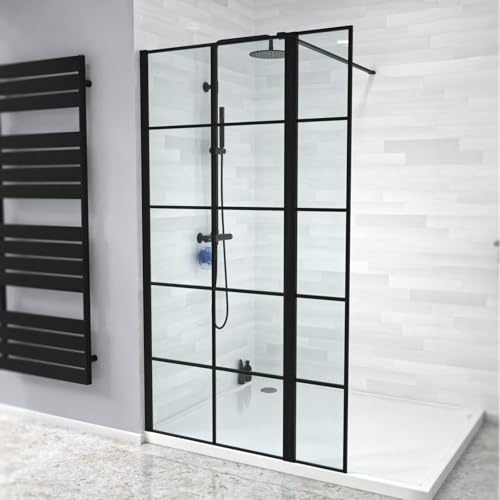 Nes Home Black Grid 800mm Shower Screen 8mm Tempered Glass & 300mm Return Panel