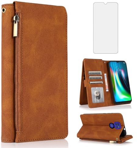 Asuwish Kompatibel mit Moto G9 Play/G 9/E7 Plus, Brieftaschen-Hülle, gehärtetes Glas, Displayschutz, Reißverschluss, Leder, Klappetui, Kartenhalter, Ständer, für MotoG9Play, Motorola 9G, G9Play, E7+,