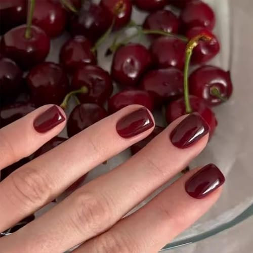 Short Red Square Press On Nails, 24Pcs Glossy Fake Nails, Stick On Nails Kit With Nail Glue, Durable False Nails For Elegant Women Daily And Special Events