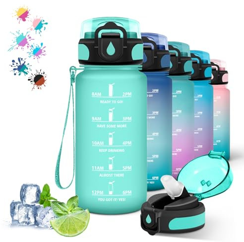 Botella Agua Niños, Botella Reutilizable con Pajita, Fácil de Limpiar, Botella de Agua con Marca de Tiempo, Cantimplora para la Escuela, Oficina, Acampar, Deportes, Correr, Verde