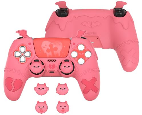 PlayVital Coque pour ps5 Protection Manette Housse Silicone avec Capuchon Joystick pour ps5 Controller & Autocollant Skin,Cover Compatible avec Station de Charge,Série Gothic Imp-Rose Pêche