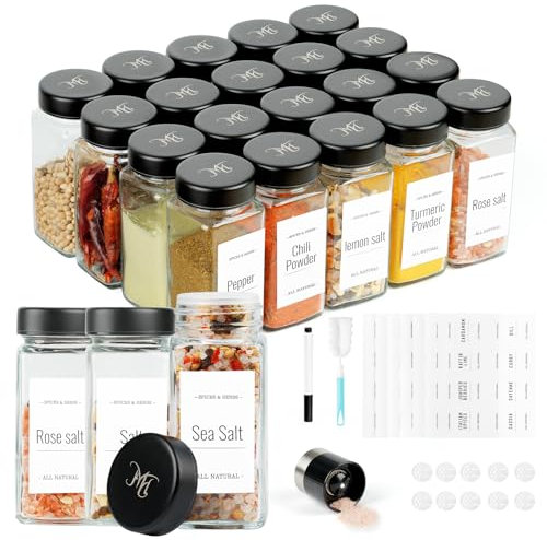 FRIBERG Round Glass Spice Jars (12 x 100 ml) with Stainless Steel Lids, Spice Shaker Spice Jars Spice Container with Funnel, Empty Stickers, Cleaning Brush, Sieves (H GFP)