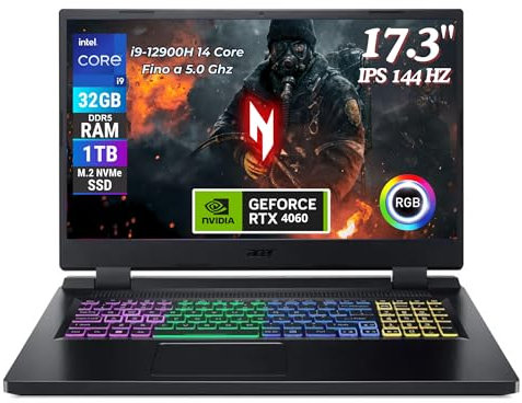 acer Nitro 5 Notebook Gaming, Processore Intel Core i9-12900H, Ram 32 GB DDR5, 1024 GB PCIe SED SSD, Display 17.3 FHD IPS 144 Hz LCD, NVIDIA GeForce RTX 4060 8 GB, Windows 11 Pro