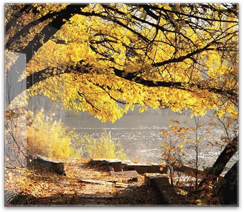 timalo Küchenbild aus Acrylglas modernes Wandbild Glasbild Deko Küche XXL Acryl-Bild wie Glas | 60x52cm Wald Herbst am See goldene Blätter Natur