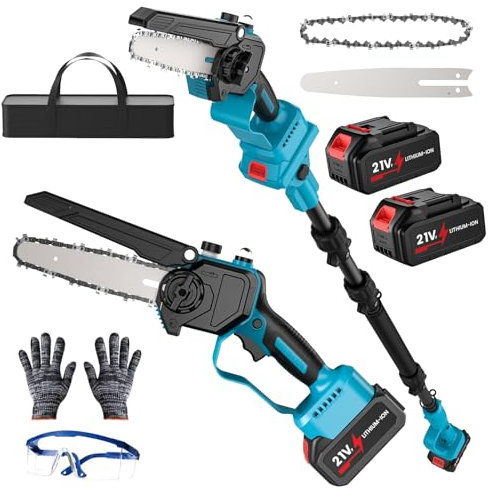 Akku Hochentaster & 8 Zoll Mini-Kettensäge mit 2× 8000mAh Akku 2-in-1, 2,8 m Teleskopstange, hochentaster elektrisch 8m/s mit 180° schwenkbarer Motorkopf