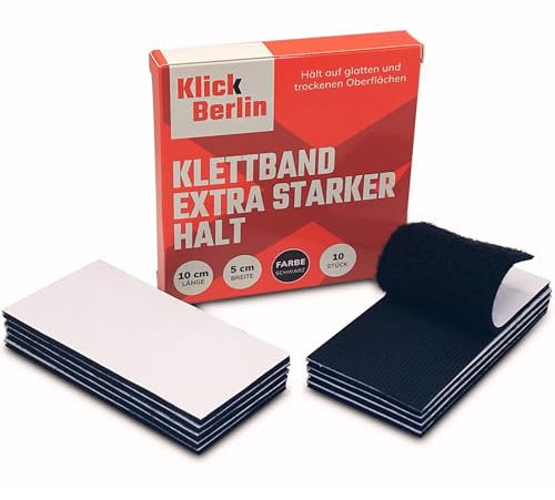 Klick Berlin Klettstreifen Selbstklebend Extra Stark | 5 cm x 10 cm | klebt auf vielen Flächen | Klettverschluss | 50mm breit, 100 mm lang Klettband