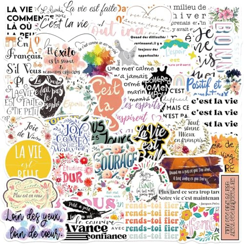 Französische Motivations Aufkleber |50 Stück Français Inspirierende Zitate Wasserdichte Vinyl-Sticker für Trinkflaschen, Bücher, Laptops, Fahrräder, Koffer, Tassen, Handys, Skateboards
