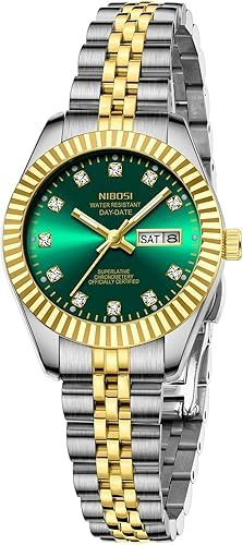NIBOSI Damen Uhren Analog Quarz Edelstahl Zifferblatt mit Tag Datum Leuchtend Wasserdicht Zierlich Klassisch Luxus Diamant Elegantes Kleid Damenuhr für kleine Handgelenke