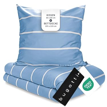 bugatti Bettwäsche 155 x 220 cm - 100% Baumwolle, 2 teilig mit Reißverschluss, anschmiegsam, weich & waschbar, Mako Satinbettwäsche gestreift Hellblau