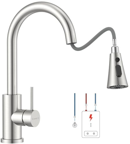 DAYONE Niederdruck Küchenarmatur, Ausziehbarer Wasserhahn mit 3 Strahlarten, Wasserhahn Küche mit 3 Anschlüsse, Edelstahl Niederdruck Spültischarmatur 360° Drehbar Mischbatterie für Boiler, Gebürstet