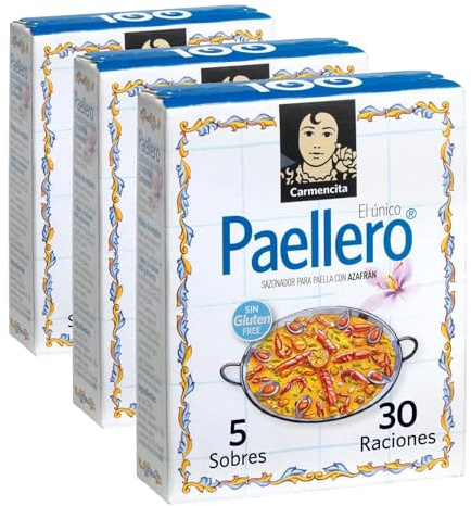 Paellero Carmencita Mezcla de Especias para Paella con Azafrán, Sin Gluten, 5 Sobres de 4g Ud, 30 Raciones - 20g (Paquete de 3)