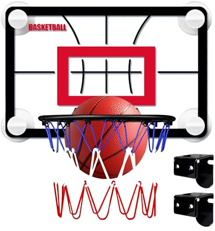 Mini-Basketballkorb für drinnen (45 x 30 cm) mit abklappbarem, federndem Ring, Geräuscharmen Ball, Wandmontage mit Saugnäpfen/Haken oder über der Tür, ideal zum Dunken im Schlafsaal, Hause, Büro