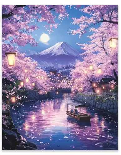 Hjjdiyes Malen nach Zahlen Erwachsene Landschaft Kirschblüten – DIY Malen nach Zahlen Kit auf Leinwand mit 4 Pinseln und Acrylfarben, Paint by Numbers Set für Wanddeko & Geschenke, 40x50cm