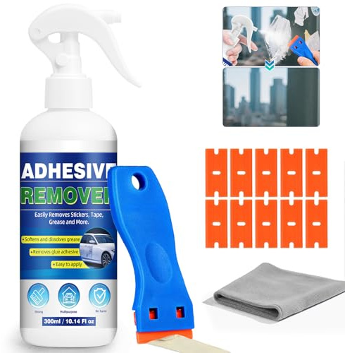 Eliminador de pegamento en spray, 300 ml, potente eliminador de pegamento adhesivos con rasqueta para limpieza de residuos pegajosos, quita silicona para etiquetas, adhesivos, cinta adhesiva de