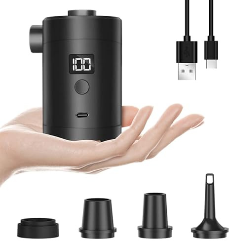 SINZONeu Bomba Aire Eléctrica Recargable USB 280L/min, 3600mAh, 4 Boquillas, Pantalla Digital, Portátil Mini para Colchón Inflable Camping Piscina Playa