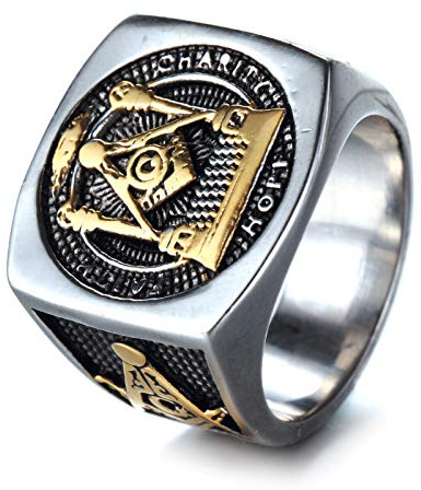 Der Ring, Glaube, Hoffnung, Wohltätigkeit – Silberner Titanstahl mit Goldakzenten Herrenschmuck der Freimaurerloge
