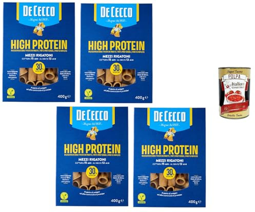 Italian Gourmet Bundle 4x De Cecco High Protein Mezzi Rigatoni N°26 400g + Italian Gourmet Polpa, proteinreiche Pasta mit 30% Protein, vegan, 1,6kg Vorratspack
