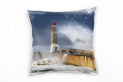 Paul Sinus Art Meer, Leuchtturm, große Wellen, blau, braun, weiß Deko Kissen 40x40cm für Couch Sofa Lounge Zierkissen - Dekoration zum Wohlfühlen