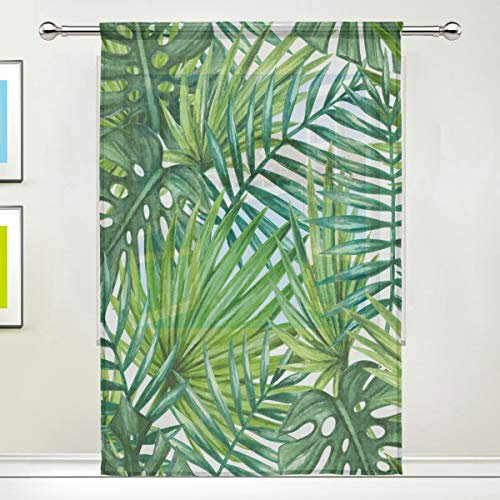 BIGJOKE Fenstervorhang, tropische Palmenblätter, Vorhänge, für Küche, Wohnzimmer, Dekoration, Schlafzimmer, Büro, Voile, 1 Stück