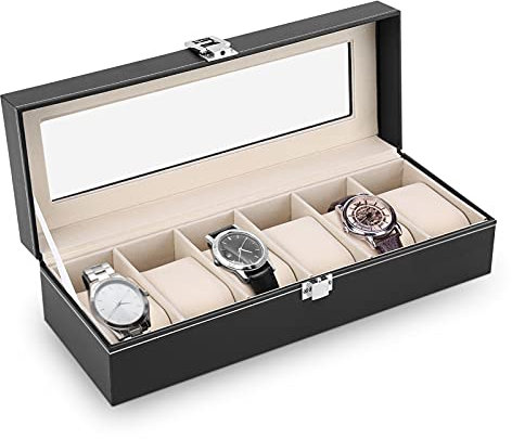 Uhrenbox für 6 Uhren Uhrenschatulle Uhr Organiser mit Glasfenster Uhren Aufbewahrung aus PU Leder und Samt Uhren Aufbewahrungsbox Schmuckschatulle für Schmuckkollektionen 30x11x8cm
