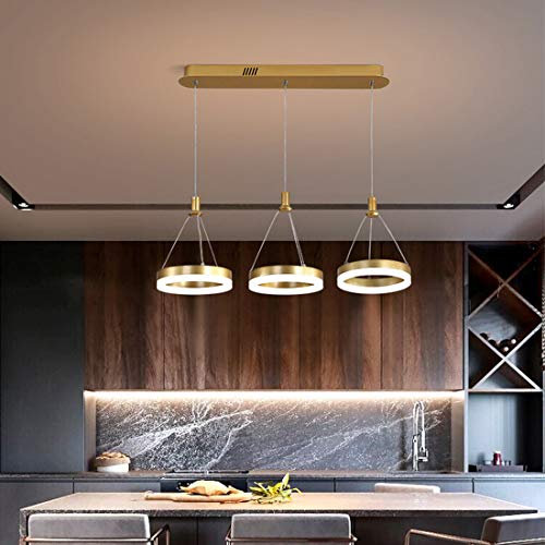 LED Pendelleuchte Hängelampe mit Fernbedienung Esszimmer Lampe, Modern Rechteck Runde Esstischlampe Dimmbar, Wohnzimmerlampe, Schlafzimmerlampe 3-flammig, Höhenverstellbar, D70cm (Golden, Dimmbar)