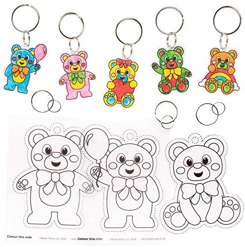 Baker Ross FE358 Teddybär Schrumpffolie Schlüsselanhänger - 8er Pack, Bastelset für Kinder zum Ausmalen und Anhängen