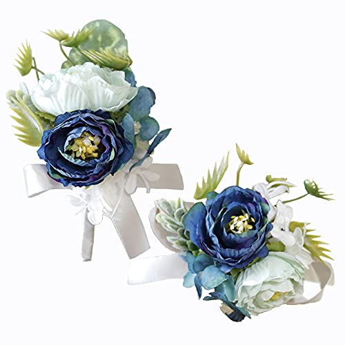 FDDE 1 Set künstliche Blume, für das Handgelenk, für Hochzeit, Knopfleiste, Blume für Hochzeit, Handgelenk, für Hochzeiten, Bankette, Geburtstagsdaten (weiß blau)