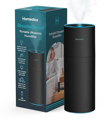 HoMedics TotalComfort Portable Ultrasonic Humidifier, Desktop, Travel, Personal Space, 8.5-oz. Tank, Up to 10-Hour Runtime per Full Tank, Auto-Shut Off Timer, Black