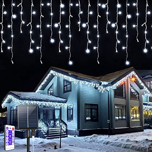 Rideau Lumineux Solaire Noel Extérieur, 7m LED Guirlande Lumineuse Rideaux avec télécommande 8 Modes Étanche Décoration pour Fenêtre,Noël,Mariage,Anniversaire, Intérieur Maison,Jardin, Blanc froid