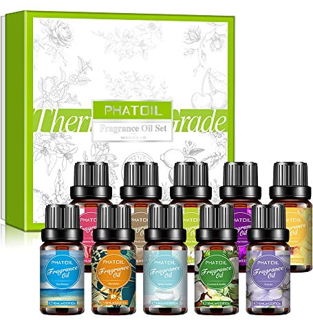 PHATOIL Coffrets Huiles Essentielles 10 x 10 ml Musc blanc Vanille Coco Lin Frais Brise Marine Violette de Parme Orchidée Noire Poudre de Bébé Magnolia Japonais Mandarine Freesia