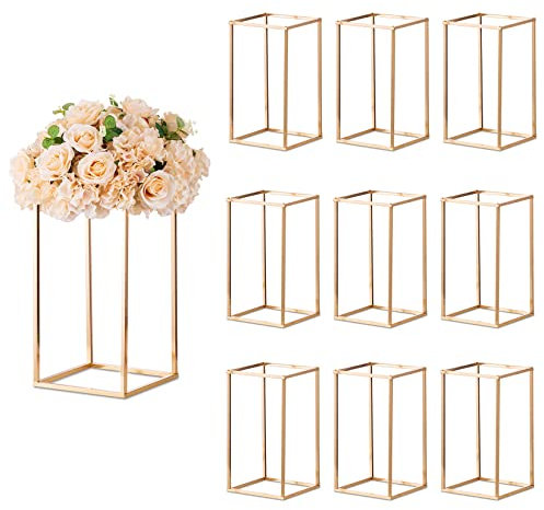Sziqiqi 10 Stück Goldene Vase Metall Blumen Stehen Straße Blei Geometrische Herzstück Vase Tische Hoch Boden Vasen Dekorative Blumenregal für Home Event Party Hochzeit Dekoration für Rezeption, 40cm