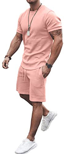 amropi Tuta Uomo Sportiva 2 Pezzi T-Shirt + Pantaloncini Estiva Maniche Corte Set Completo Rosa,XXL
