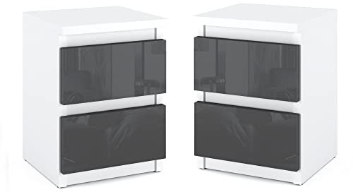 MRBLS Nachttisch 2er Set Nachtschrank Nachtkommode Modern Möbel mit Schubladen Kommode Holz Schubladenschrank für Ihr Schlafzimmer (Weiß Matt - Grau Glanz) – 30 x 40 x 30 cm (B/H/T)