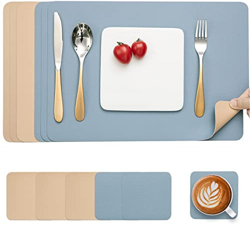Myir JUN Set de Table, Set de Table en Cuir et Dessous de Verre Antidérapant Set de Table Double Face Set de Table Lavable ImperméAbles Set de Table Plastique (Beige Bleu, Lot de 6)