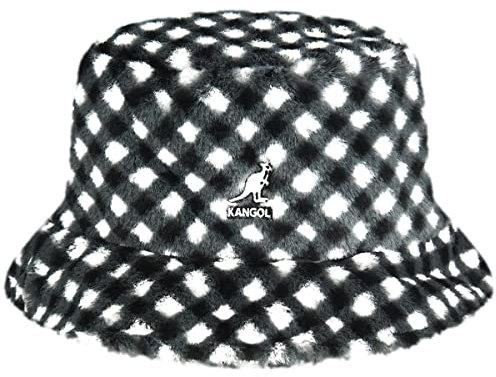 Kangol Faux Fur Check Bucket Stoffhut Fischerhut Damenhut Damen/Herren - mit Futter Winter Herbst-Winter - L (58-59 cm) schwarz-weiß