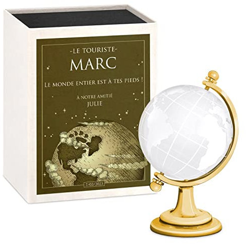 Maverton Globe Terrestre en verre + Boîte personnalisée pour lui - Boule en cristal Carte du monde - pour hommes - pour anniversaire - deco bureau - pour papa - pour prof - monde entier