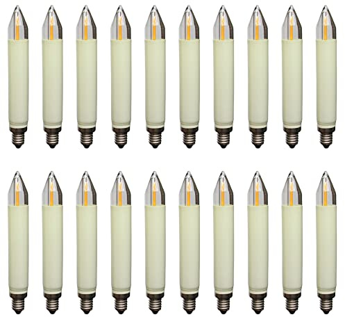 Erzgebirgslicht - AUSWAHL - 20 Stück LED Filament Schaftkerze 12V 0,2W E10 INNEN + AUSSEN für 20 Brennstellen Ersatzbirne Glühbirne Normalschaftkerze für Lichterketten Pyramide und Schwibbogen