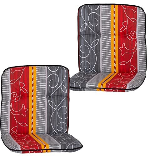 NYVI Niedriglehner Auflagen Hawaii 2er Set - 96x47 cm Grau Rot Gelb Ranke - Gartenmöbel Auflage mit 5 cm Polster und Gummi-Halteband