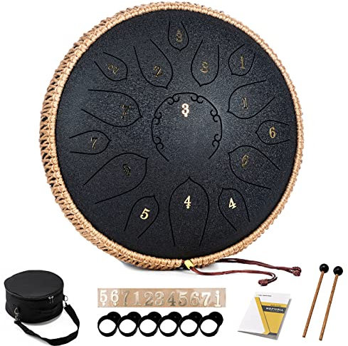 HOPWELL Steel Tongue Drum - 15 Note 12 Tongue Drums - Percussion Instruments - Hand Pan Drum with Music Book, Drum Mallets and Carry Bag, D Dur, Black