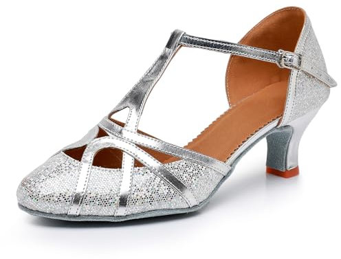 Rosefinch Donne Latino T-Strap Scarpe da Ballo Punta Chiusa Moda Salsa Tango Cha-Cha Sala da Ballo Performence Scarpe da Ballo Festa di Cerimonia Nuziale, Argento 5cm Tacco 39 EU