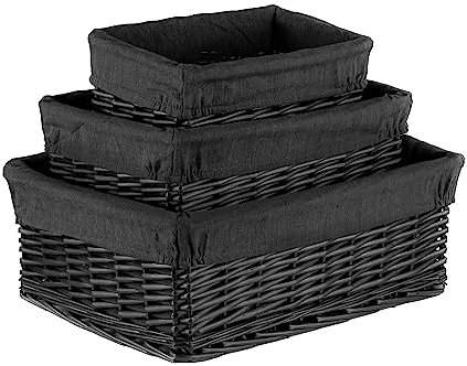 Innoteck Essentials Set of 3 Wicker Storage Baskets with Lining - Decorative Kitchen Bathroom Hamper - Portable Basket with Washable Cloth Liners - Ideal for Home/Office & Gifts Hamper (Black)